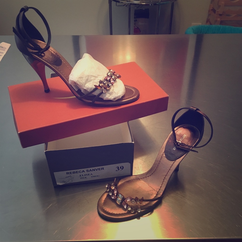 Rebecca Sanver jeweled high heels.
